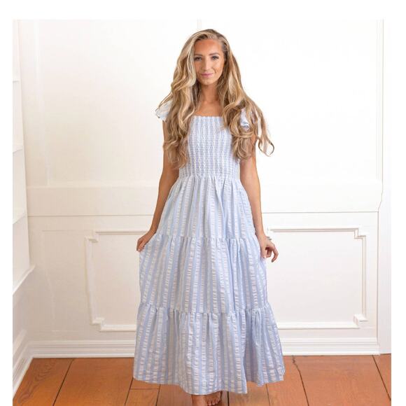 Blue & White Textured Stripe Smocked Flutter Sleeve Dress - Picture 7 of 7